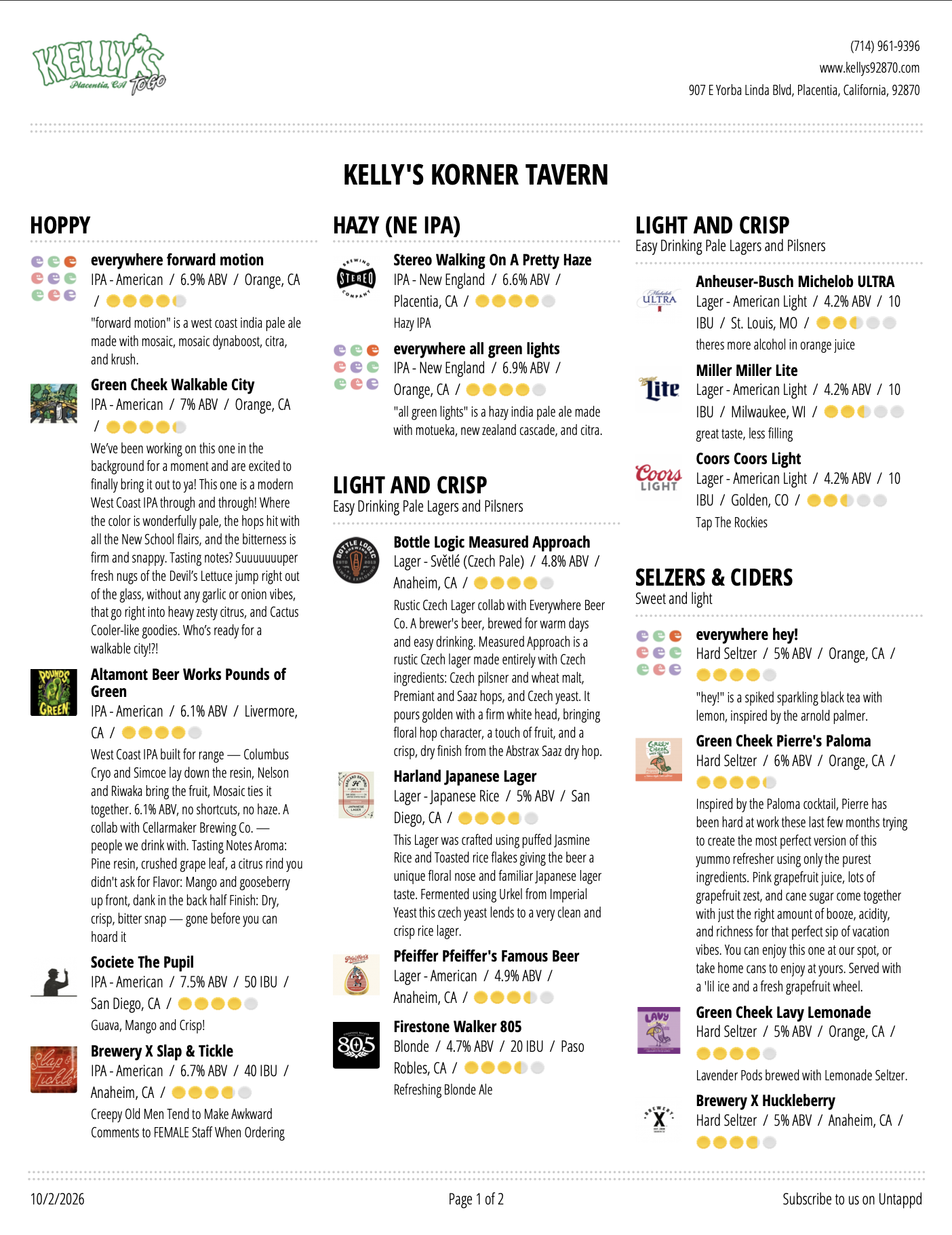 Menus — Kelly's Korner